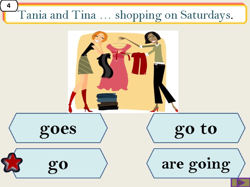 Tania and Tina … shopping on Saturdays.  go to goes go are going